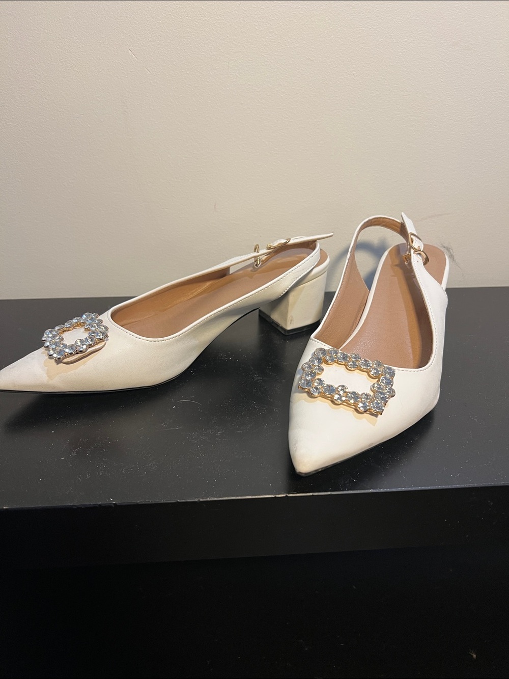 Women's White Pointed Slingback Heels with Crystal Buckle